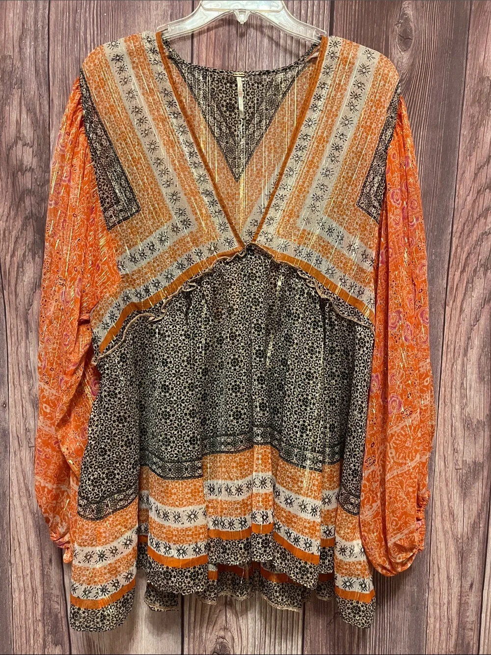Free People Aliyah Orange Printed Boho Tunic with Balloon Sleeves